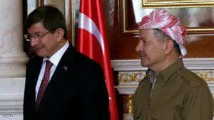 Iraqi Kurdish leader Massud Barzani R walks alongside Turkish Prime Minister Ahmet Davutoglu during their meeting in Arbil the capital of the Kurdish autonomous region in northern Iraq on November 21 2014 Davutoglu's trip to Iraq follows a visit to Turkey by Iraqi Foreign Minister Ibrahim al-Jaafari earlier this month that was aimed at patching up the chilly ties between the two neighbours. AFP PHOTO / SAFIN HAMED        (Photo credit should read SAFIN HAMED/AFP/Getty Images)