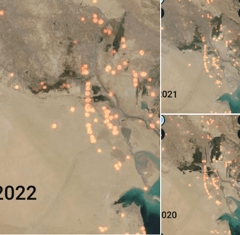 صورة مقارنة من الأقمار الصناعية لمناطق محروقات المصانع للجنوب العراقي