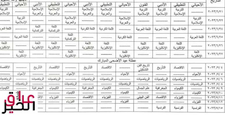 جدول امتحانات السادس الاعدادي في العراق لعام 2023